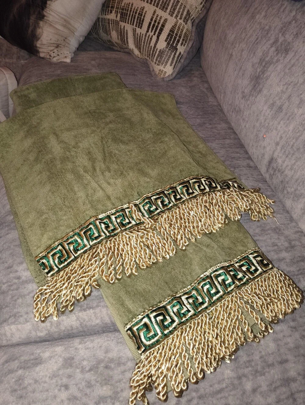Olive Green Decorative Towel & Hand Towel with Gold Fringe